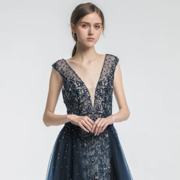 Chic Bleu Marine Robe De Soirée 2019 Princesse V-Cou Fait main Perlage Cristal Faux Diamant Sans Manches Dos Nu Longue Robe De Ceremonie