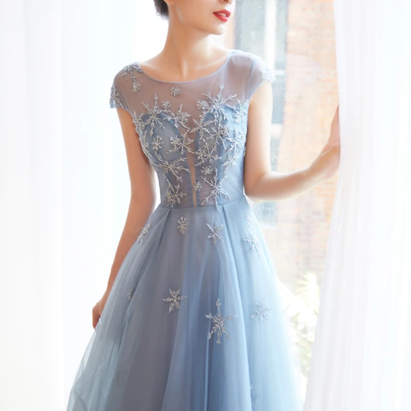 Chic / Beautiful Sky Blue Evening Dresses 2019 A-Line / Princess Scoop Neck Beading Cap Sleeves Floor-Length / Long Formal Dresses