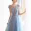 Chic / Beautiful Sky Blue Evening Dresses  2019 A-Line / Princess Scoop Neck Beading Cap Sleeves Floor-Length / Long Formal Dresses