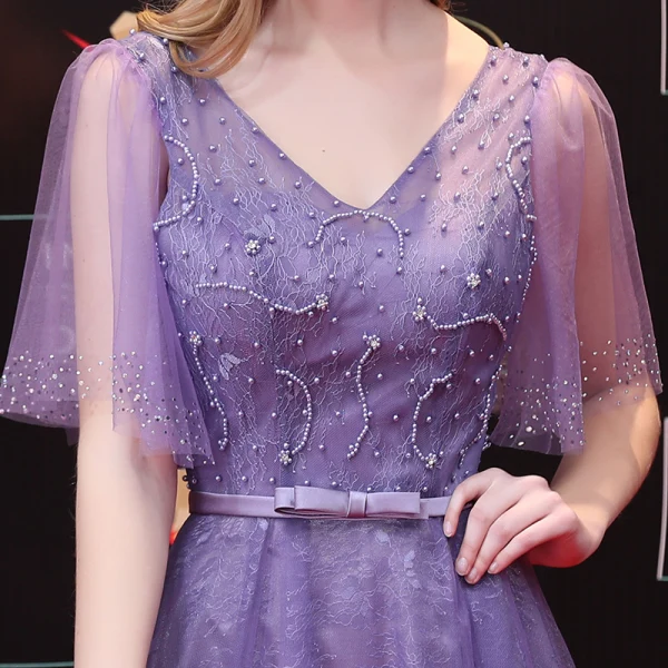 Chic / Beautiful Lilac Evening Dresses 2018 A-Line / Princess Beading Rhinestone Bow V-Neck Backless Short Sleeve Floor-Length / Long Formal Dresses