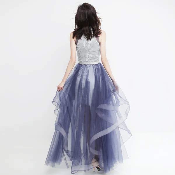 Modern / Fashion Silver Grey Evening Dresses  2019 A-Line / Princess Scoop Neck Lace Sleeveless Cascading Ruffles Floor-Length / Long Formal Dresses