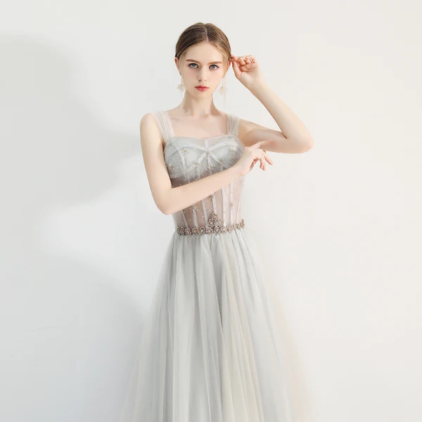 Chic / Beautiful Grey Prom Dresses 2019 A-Line / Princess Square Neckline Beading Rhinestone Sleeveless Backless Floor-Length / Long Formal Dresses