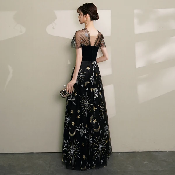 Modern / Fashion Black Evening Dresses  2019 A-Line / Princess V-Neck Lace Star Suede Cap Sleeves Backless Floor-Length / Long Formal Dresses