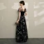 Modern / Fashion Black Evening Dresses  2019 A-Line / Princess V-Neck Lace Star Suede Cap Sleeves Backless Floor-Length / Long Formal Dresses