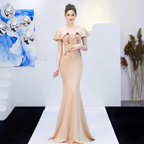 Charmant Couleur Unie Bleu Marine Robe De Soirée 2019 Trompette / Sirène De l'épaule Perlage Paillettes En Dentelle Fleur Manches Courtes Dos Nu Longue Robe De Ceremonie