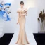 Charmant Couleur Unie Bleu Marine Robe De Soirée 2019 Trompette / Sirène De l'épaule Perlage Paillettes En Dentelle Fleur Manches Courtes Dos Nu Longue Robe De Ceremonie