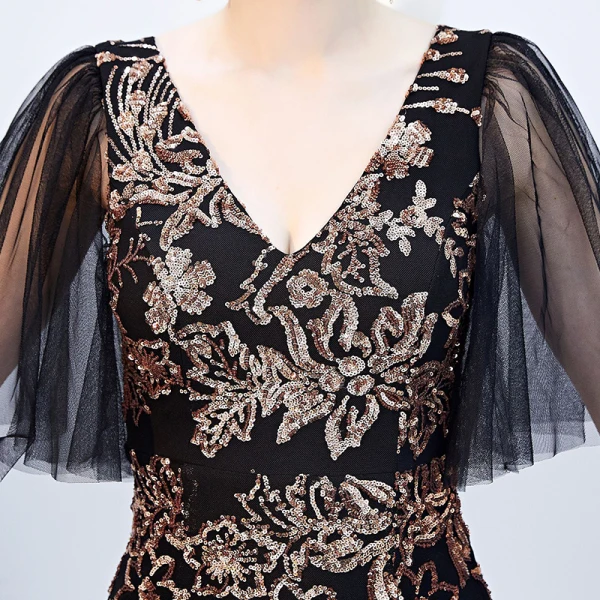 Charming Black Gold Evening Dresses 2019 Trumpet / Mermaid V-Neck Sequins Short Sleeve Backless Floor-Length / Long Formal Dresses