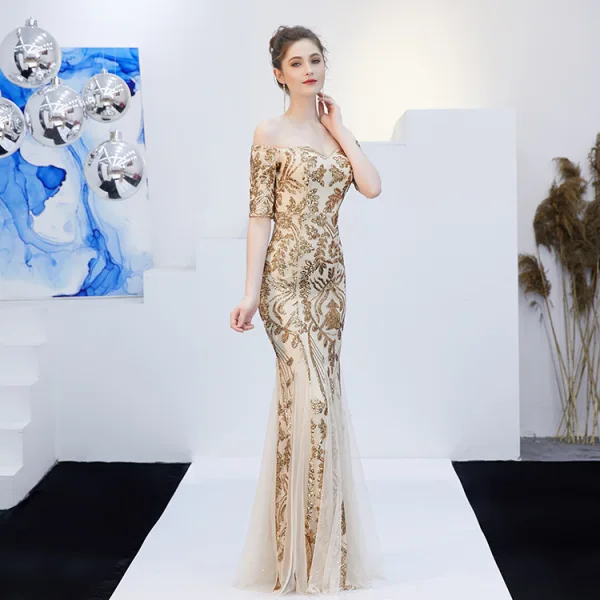Glitzernden Champagner Abendkleider 2019 Meerjungfrau Off Shoulder Pailletten Kurze Ärmel Rückenfreies Lange Festliche Kleider