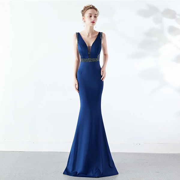 Chic / Beautiful Solid Color Burgundy Evening Dresses 2019 Trumpet / Mermaid V-Neck Beading Crystal Sleeveless Backless Floor-Length / Long Formal Dresses