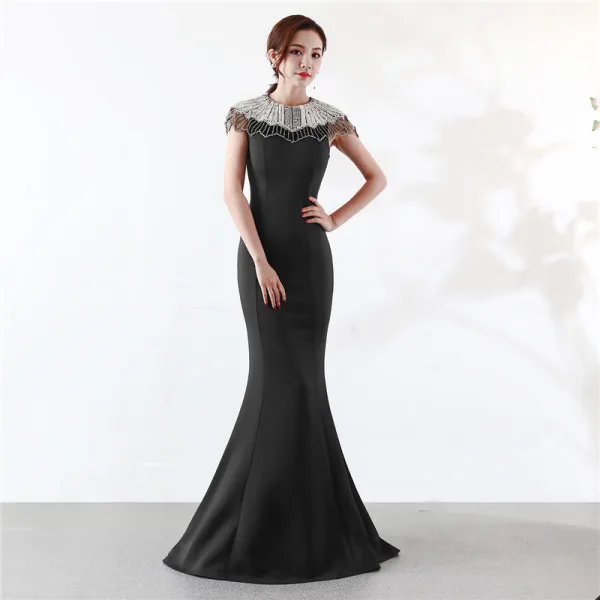 Élégant Champagne Robe De Soirée 2019 Trompette / Sirène Encolure Dégagée Perlage Perle Faux Diamant Sans Manches Longue Robe De Ceremonie