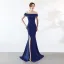 Chic / Belle Couleur Unie Ivoire Robe De Soirée 2019 Trompette / Sirène De l'épaule Faux Diamant En Dentelle Fleur Manches Courtes Dos Nu Fendue devant Longue Robe De Ceremonie