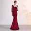 Chic Couleur Unie Bleu Marine Robe De Soirée 2019 Trompette / Sirène Daim V-Cou Perlage Gland 3/4 Manches Longue Robe De Ceremonie