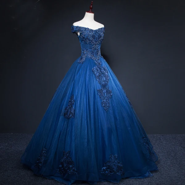 Vintage / Retro Navy Blue Prom Dresses 2019 A-Line / Princess Off-The-Shoulder Beading Crystal Lace Flower Sleeveless Backless Floor-Length / Long Formal Dresses