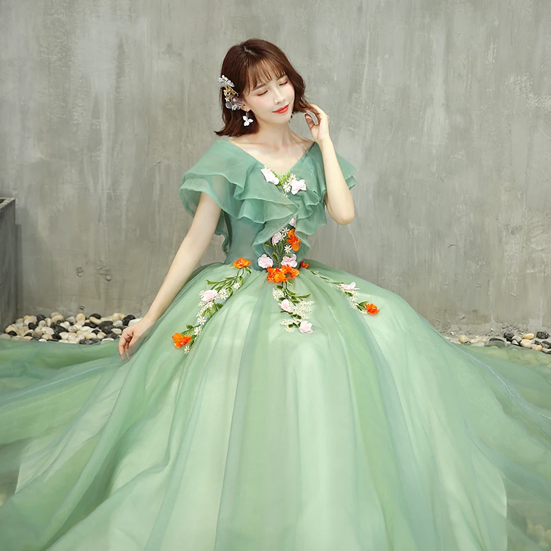 Prom Dresses Green Gowns 2019 Chic Beautiful Sage Green Prom Dresses 2019  Ball Gown V-Neck Lace Flower Short Sleeve
