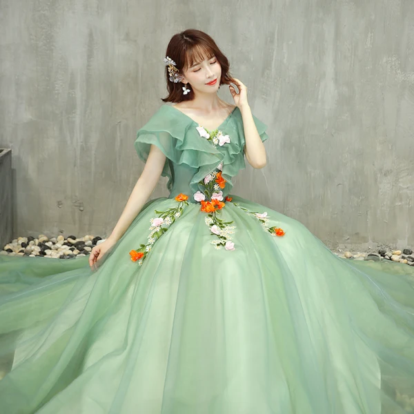 Chic / Beautiful Sage Green Prom Dresses 2019 Ball Gown V-Neck Lace Flower Short Sleeve Backless Floor-Length / Long Formal Dresses