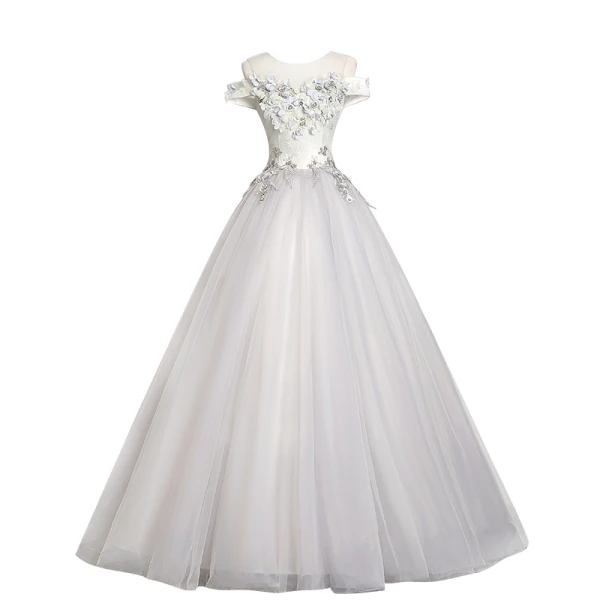 Élégant Gris Robe De Bal 2019 Princesse Encolure Dégagée Perle Faux Diamant Appliques En Dentelle Fleur Sans Manches Dos Nu Longue Robe De Ceremonie