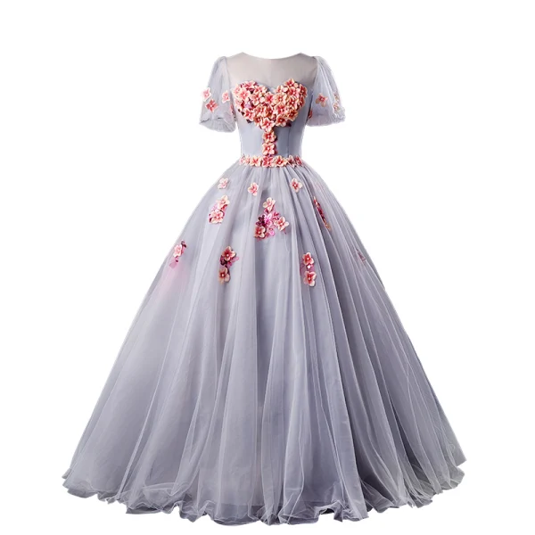 Elegant Grey Prom Dresses 2019 A-Line / Princess Scoop Neck Appliques Pearl Short Sleeve Backless Floor-Length / Long Formal Dresses
