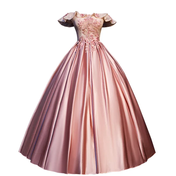 Elegant Candy Pink Prom Dresses 2019 Ball Gown Off-The-Shoulder Beading Appliques Lace Flower Sequins Short Sleeve Backless Floor-Length / Long Formal Dresses