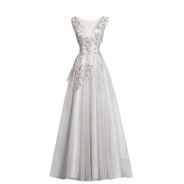Chic / Belle Gris Robe De Soirée 2019 Princesse Sans Manches Perlage Faux Diamant En Dentelle Fleur Encolure Dégagée Dos Nu Longue Robe De Ceremonie
