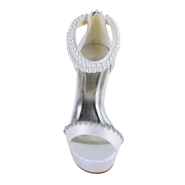 Sexy White Satin Prom Latin Dance Shoes 2021 Pearl Ankle Strap 10 cm Open / Peep Toe Womens Sandals High Heels