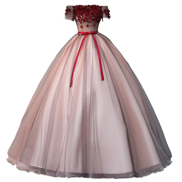 Elegant Blushing Pink Quinceañera Prom Dresses 2019 Ball Gown Off-The-Shoulder Appliques Lace Flower Bow Short Sleeve Backless Floor-Length / Long Formal Dresses