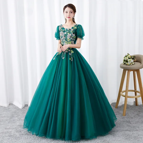 Chic / Beautiful Dark Green Prom Dresses 2019 Ball Gown Scoop Neck Rhinestone Lace Flower Short Sleeve Backless Floor-Length / Long Formal Dresses