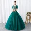 Chic / Beautiful Dark Green Prom Dresses 2019 Ball Gown Scoop Neck Rhinestone Lace Flower Short Sleeve Backless Floor-Length / Long Formal Dresses