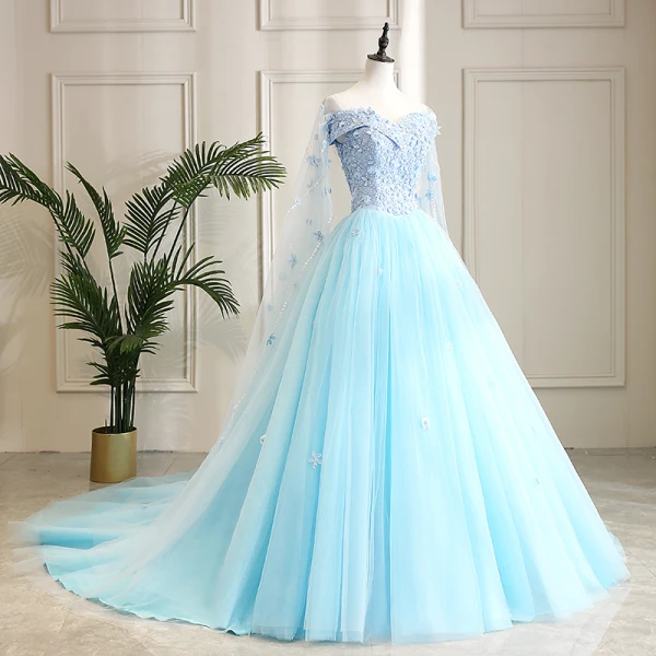 Modern / Fashion Pool Blue Prom Dresses 2019 A-Line / Princess Square Neckline Appliques Lace Flower Pearl Rhinestone Short Sleeve Backless Watteau Train Formal Dresses