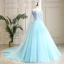 Modern / Fashion Pool Blue Prom Dresses 2019 A-Line / Princess Square Neckline Appliques Lace Flower Pearl Rhinestone Short Sleeve Backless Watteau Train Formal Dresses