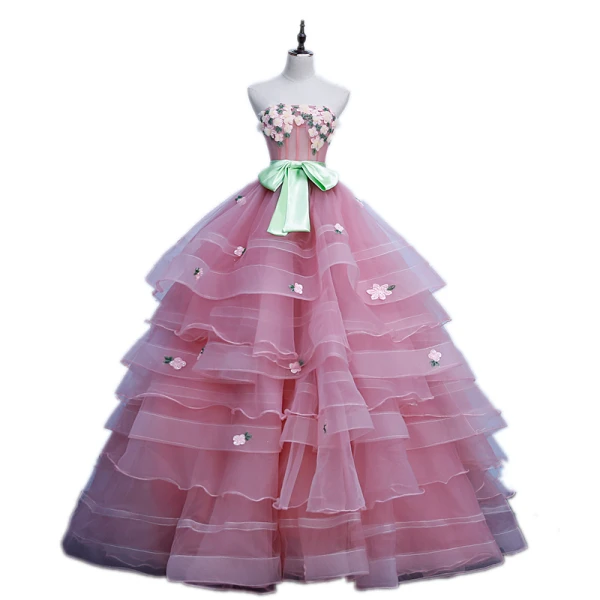Schöne Pink Ballkleider 2019 Ballkleid Bandeau Schleife Spitze Blumen Ärmellos Rückenfreies Fallende Rüsche Sweep / Pinsel Zug Festliche Kleider