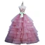Schöne Pink Ballkleider 2019 Ballkleid Bandeau Schleife Spitze Blumen Ärmellos Rückenfreies Fallende Rüsche Sweep / Pinsel Zug Festliche Kleider