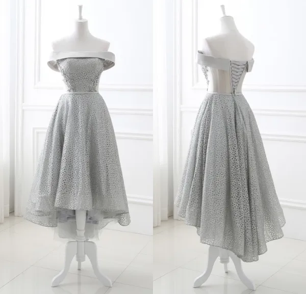 Schöne Grau Glanz Abendkleider 2018 A Linie Pailletten Off Shoulder Rückenfreies Ärmellos Asymmetrisch Festliche Kleider