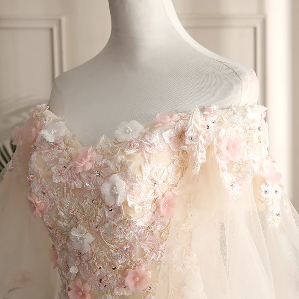 Chic / Beautiful Champagne Prom Dresses 2019 A-Line / Princess Off-The-Shoulder Lace Flower Appliques Pearl Sequins 1/2 Sleeves Backless Floor-Length / Long Formal Dresses