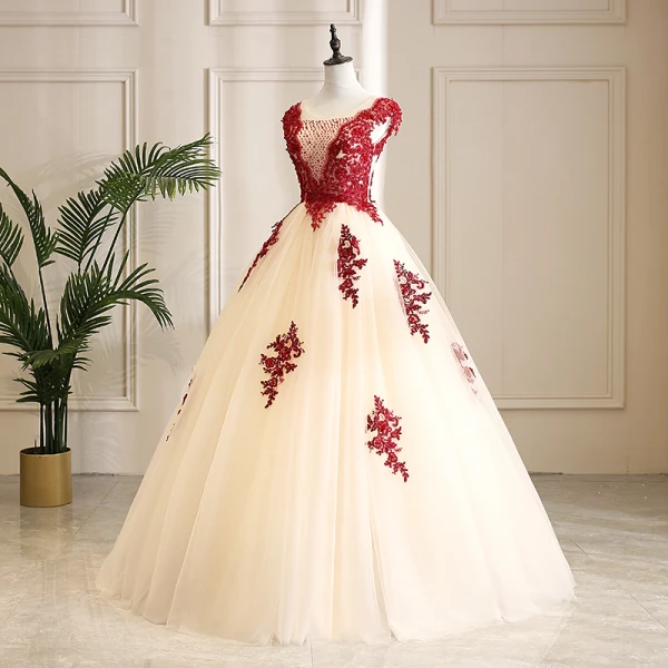 Classy Champagne Prom Dresses 2019 A-Line / Princess Scoop Neck Beading Crystal Lace Flower Sleeveless Backless Floor-Length / Long Formal Dresses