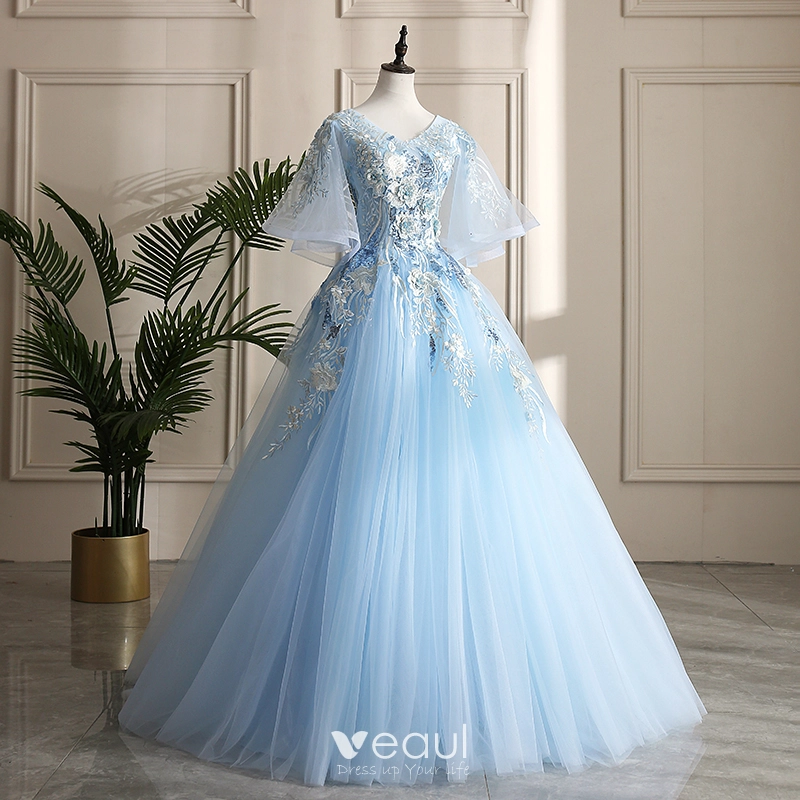 Light Blue Lace Prom Dresses Princess V Neck
