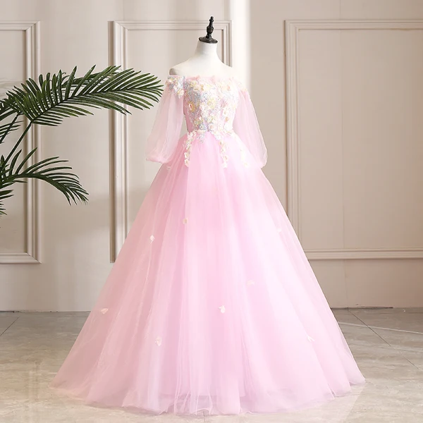Elegant Candy Pink Prom Dresses 2019 A-Line / Princess Off-The-Shoulder Sequins Lace Flower Appliques 3/4 Sleeve Backless Floor-Length / Long Formal Dresses