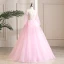 Elegant Candy Pink Prom Dresses 2019 A-Line / Princess Off-The-Shoulder Sequins Lace Flower Appliques 3/4 Sleeve Backless Floor-Length / Long Formal Dresses