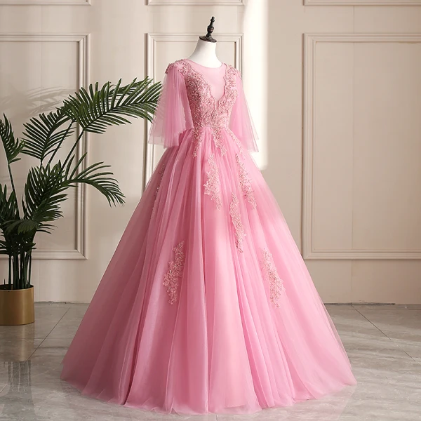 Chic / Belle Rose Bonbon Robe De Bal 2019 Princesse Encolure Dégagée Cristal Perle En Dentelle Fleur 3/4 Manches Longue Robe De Ceremonie