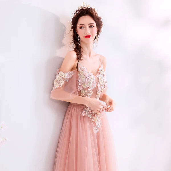 Elegant Pearl Pink Evening Dresses 2019 A-Line / Princess Spaghetti Straps Rhinestone Lace Flower Short Sleeve Backless Floor-Length / Long Formal Dresses
