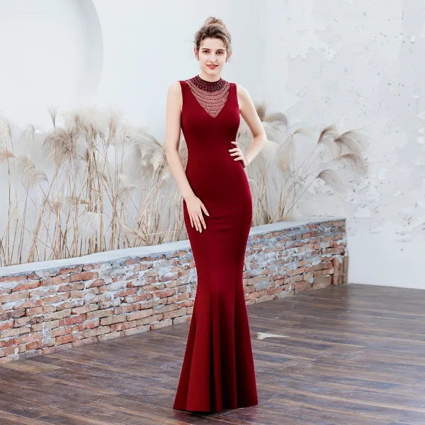 Chic / Beautiful Dark Green Evening Dresses 2019 Trumpet / Mermaid High Neck Beading Sleeveless Backless Floor-Length / Long Formal Dresses