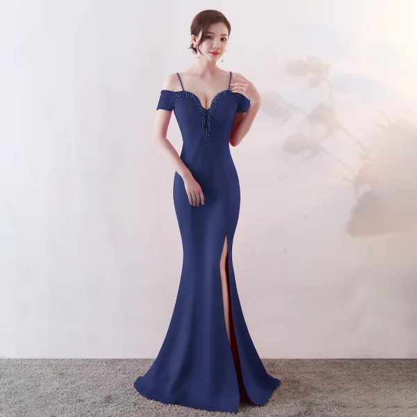 Chic / Belle Couleur Unie Ivoire Robe De Soirée 2019 Trompette / Sirène Bretelles Spaghetti Perlage Gland Sans Manches Dos Nu Fendue devant Longue Robe De Ceremonie