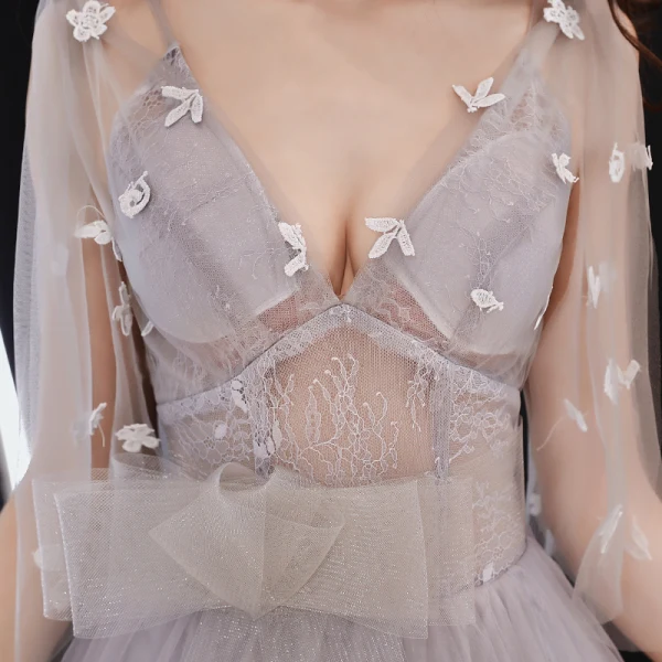 Élégant Gris Robe De Soirée 2019 Princesse V-Cou Noeud En Dentelle Fleur 1/2 Manches Dos Nu Longue Robe De Ceremonie