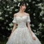 High-end Champagne Wedding Dresses 2019 A-Line / Princess Off-The-Shoulder Beading Lace Flower Short Sleeve Backless Cathedral Train