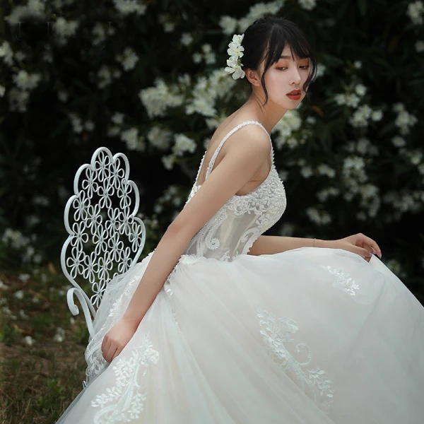 Schöne Champagner Brautkleider / Hochzeitskleider 2019 A Linie Spaghettiträger Perlenstickerei Strass Spitze Blumen Ärmellos Rückenfreies Kathedrale Schleppe