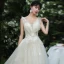 High-end Champagne Wedding Dresses 2019 A-Line / Princess V-Neck Beading Sequins Lace Flower Sleeveless Backless Chapel Train