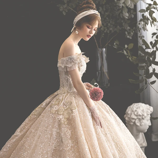 Luxury / Gorgeous Champagne Wedding Dresses 2019 Ball Gown Off-The-Shoulder Beading Tassel Pearl Crystal Lace Flower Rhinestone Sequins Short Sleeve Backless Cathedral Train