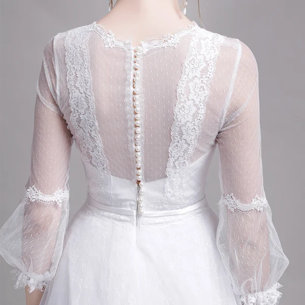 Modest / Simple White Beach Wedding Dresses 2019 A-Line / Princess Scoop Neck Pearl Lace Flower 3/4 Sleeve Floor-Length / Long