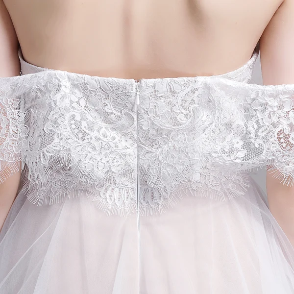 Chic / Beautiful White Beach Wedding Dresses 2019 A-Line / Princess Off-The-Shoulder Lace Flower Short Sleeve Backless Floor-Length / Long