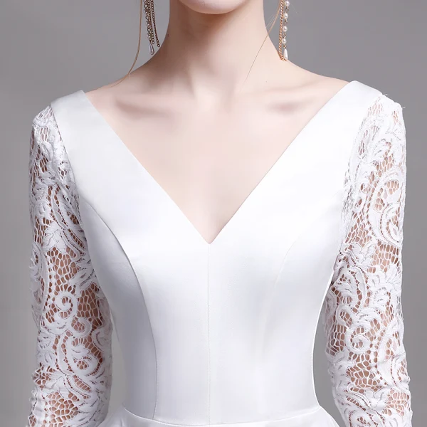 Classique Blanche Plage Robe De Mariée 2019 Princesse V-Cou En Dentelle Fleur Manches Longues Dos Nu Longue