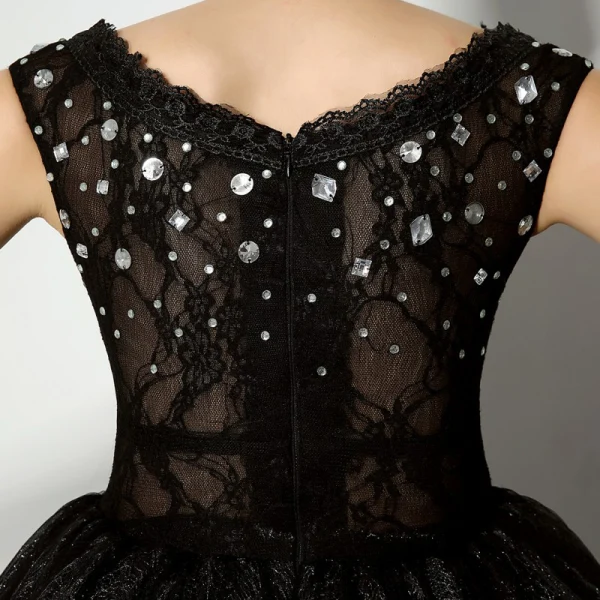 Chic / Belle Noire Robe De Cocktail 2018 Robe Boule Cristal Paillettes Dentelle Encolure Carrée Sans Manches Courte Robe De Ceremonie